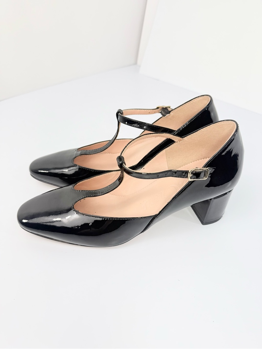 J. Crew MILLIE Black Patent Leather Glossy T Strap Block Heel Classic Shoes - Picture 4 of 15
